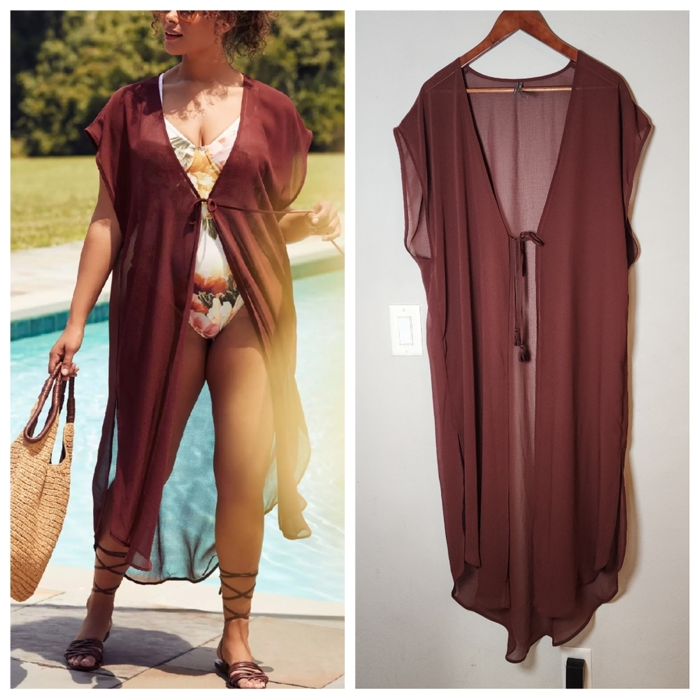 Anthropologie S/M Sheer Duster Coverup Tie Waist Brown‎ Burgundy Oversized